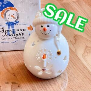 Christmas Holiday Ceramic Snowflake Snowman Tea Light Candle Holder W/Box NEW